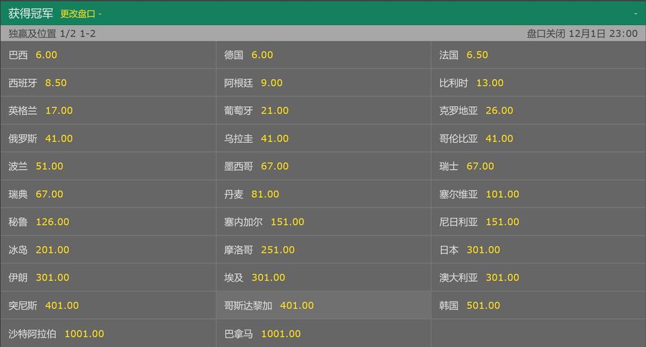 世界杯12月13日赔率表,世界杯1赔1000