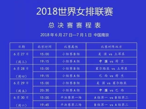 2018女排联赛决赛程表,2018女排总决赛赛程