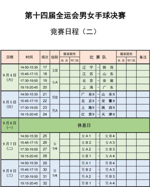 2021全运会手球赛程表,全运会手球比赛成绩